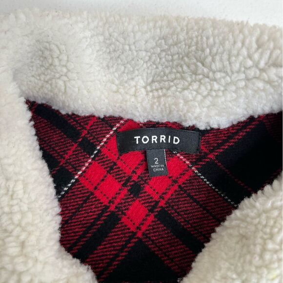Torrid Sherpa Lined Red Plaid Trucker Jacket Shacket Buttons Cotton Women 2X - Picture 9 of 14